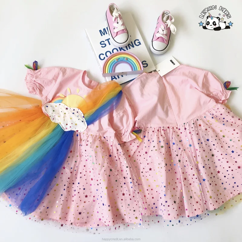 LEZONKIDS - 2023 New Summer Rainbow Clouds Rainbow Colors Stars Mesh Dress  Girl Dresses For Kids